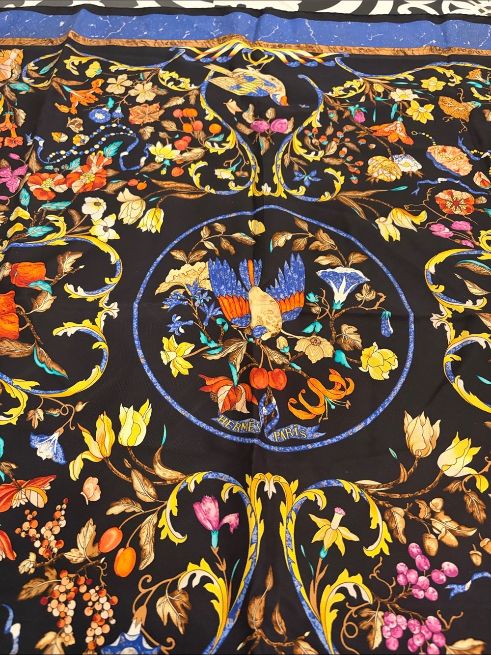 Hermes Black Floral & Bird Silk Scarf with Multicolor Accents
